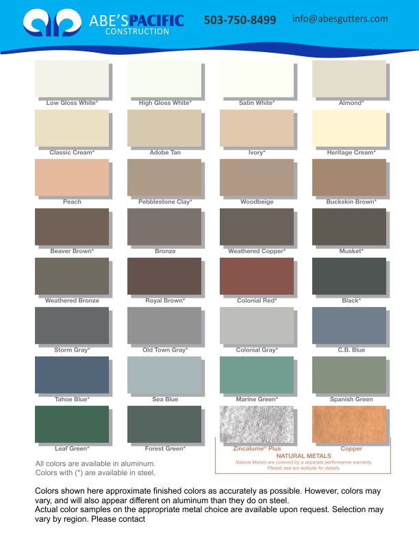 Custom Color Chart by Abe's Pacific Gutters, LLC in Hillsboro, OR ...