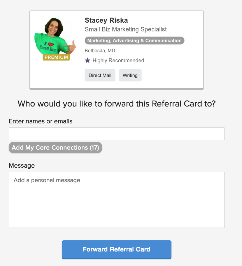 Forwarding Stacey's referral card